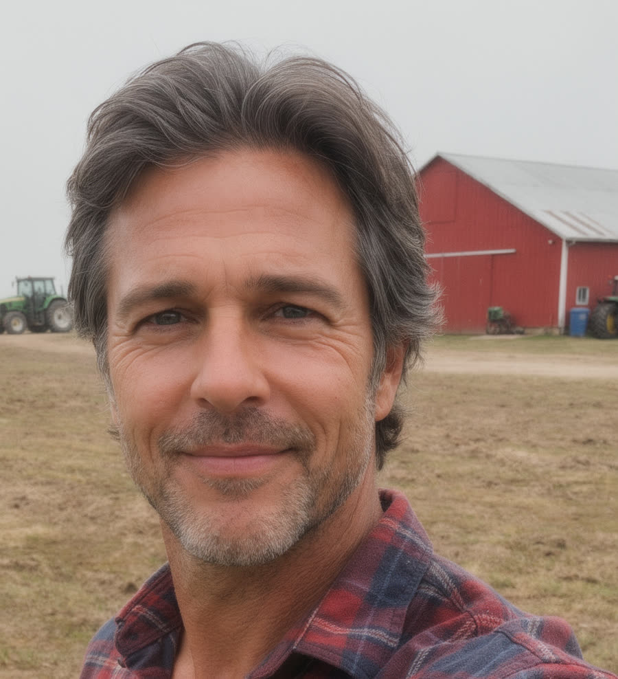Silas Kerr on his farm, a red barn and a tractor behind him