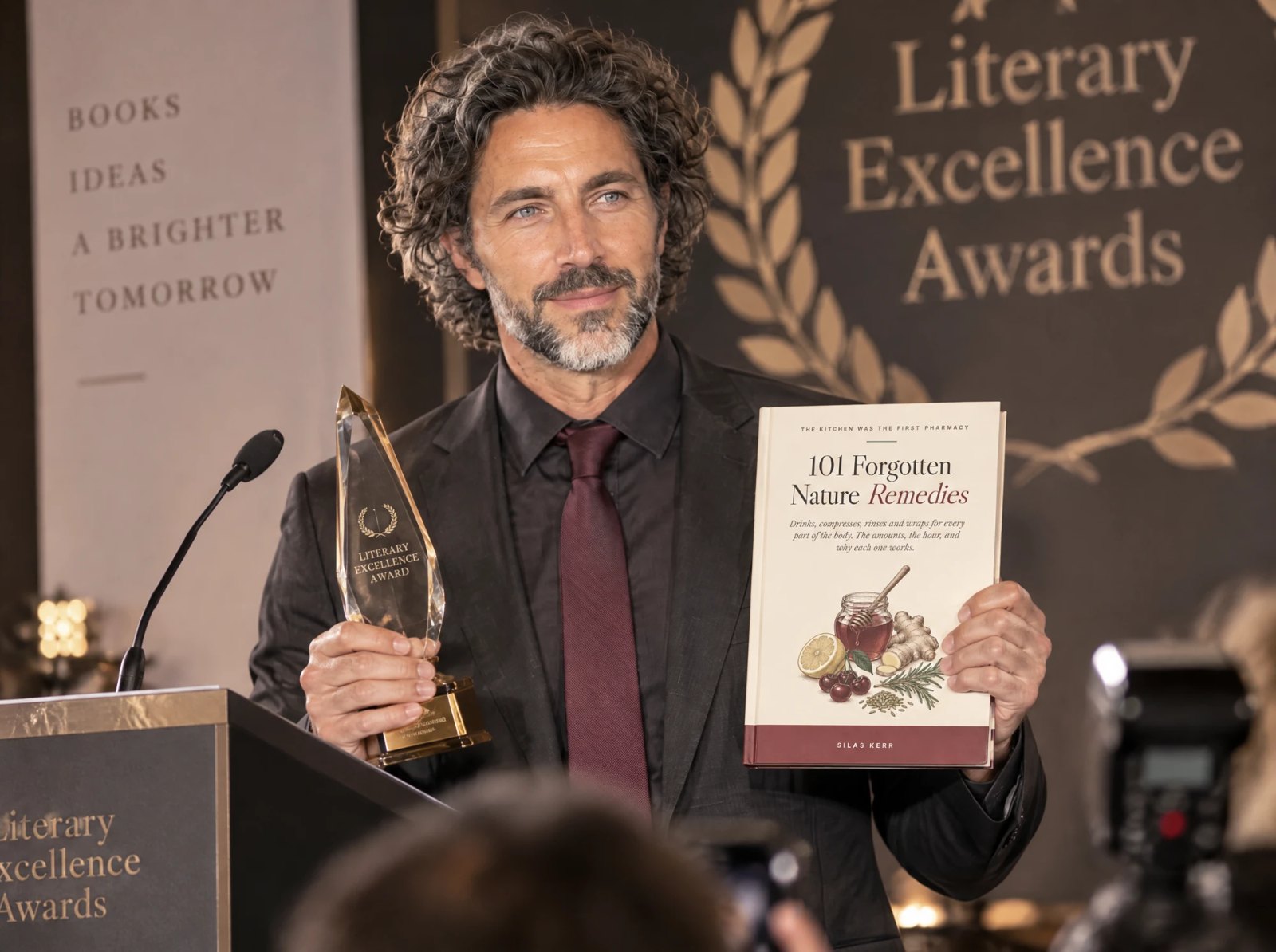 Silas Kerr with the Literary Excellence Award, holding 101 Forgotten Nature Remedies