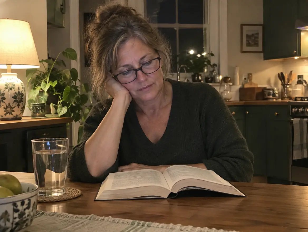 A woman reading one of the books at her kitchen table in the evening