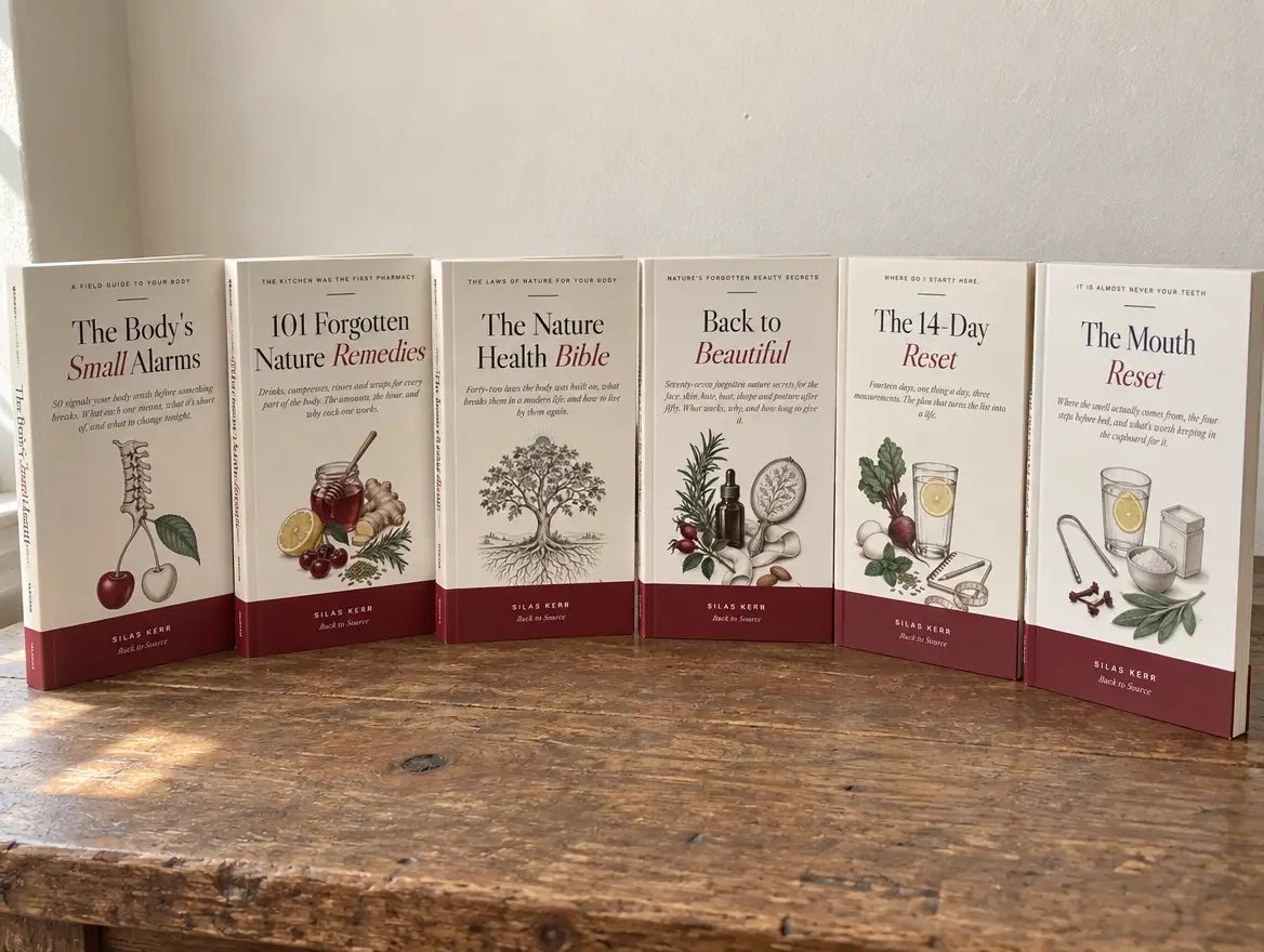 The six books standing in a row on a wooden table