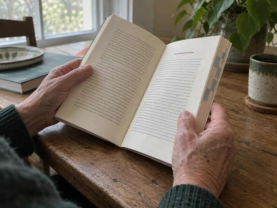Hands holding one of the books open, the tabs visible on the page edge