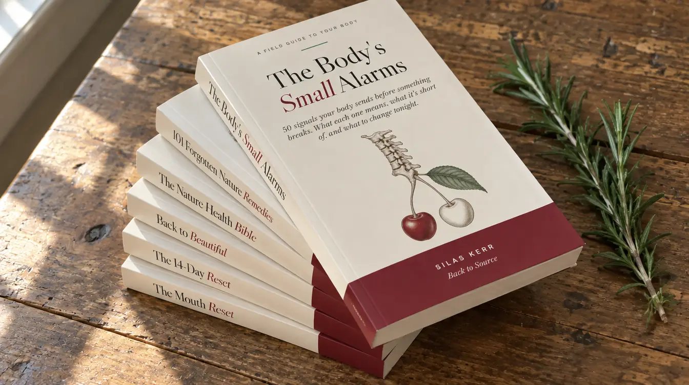 The six books stacked on a wooden table