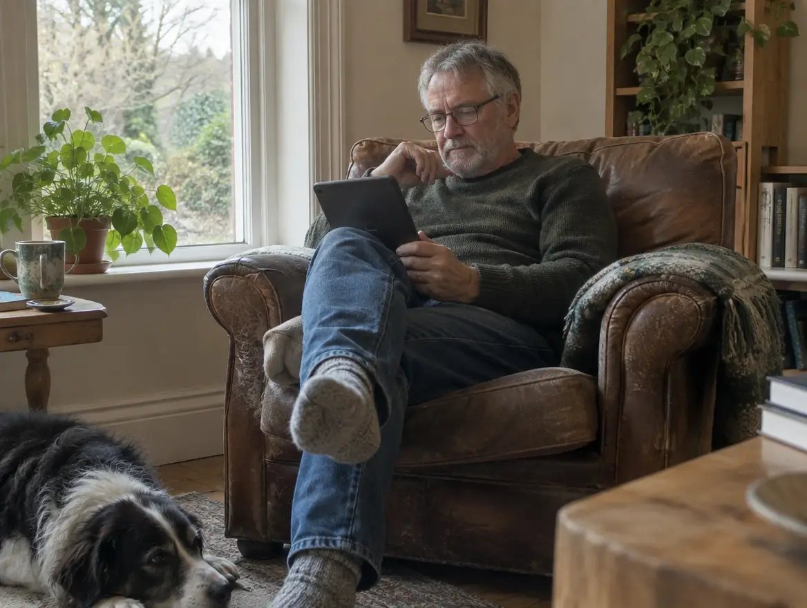 A man reading one of the books on a tablet in an armchair by the window