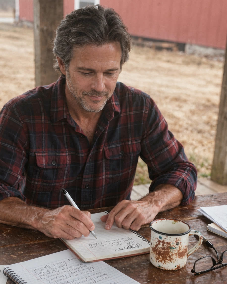 Silas writing in a notepad at a wooden table on the farm porch